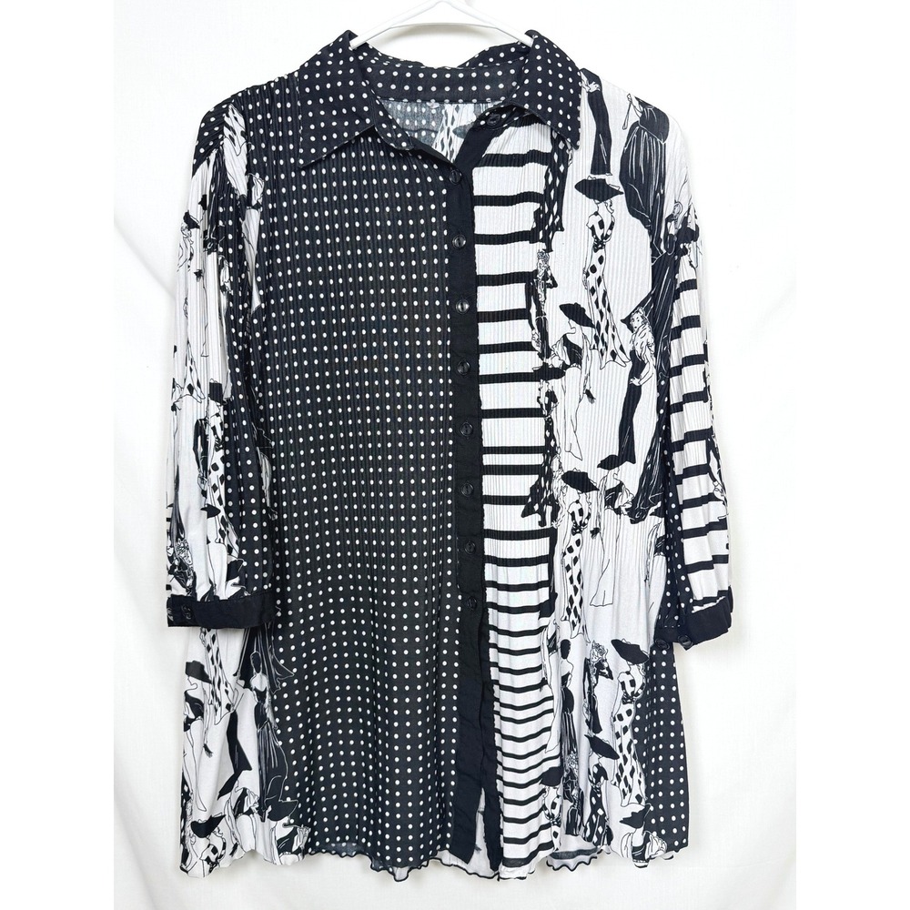 Lindi Pleated Art To Wear Top Black White Polka Dot Stripe Graphic Print XL